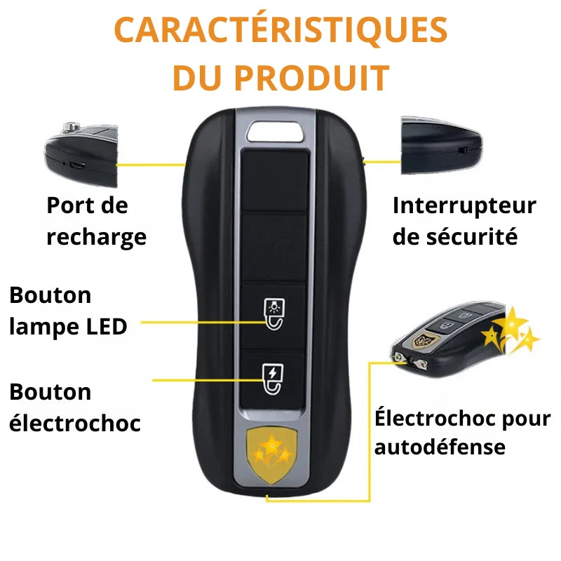 Clé Anti-Agression Électrique (Lampe, Électrochoc, Alarme)